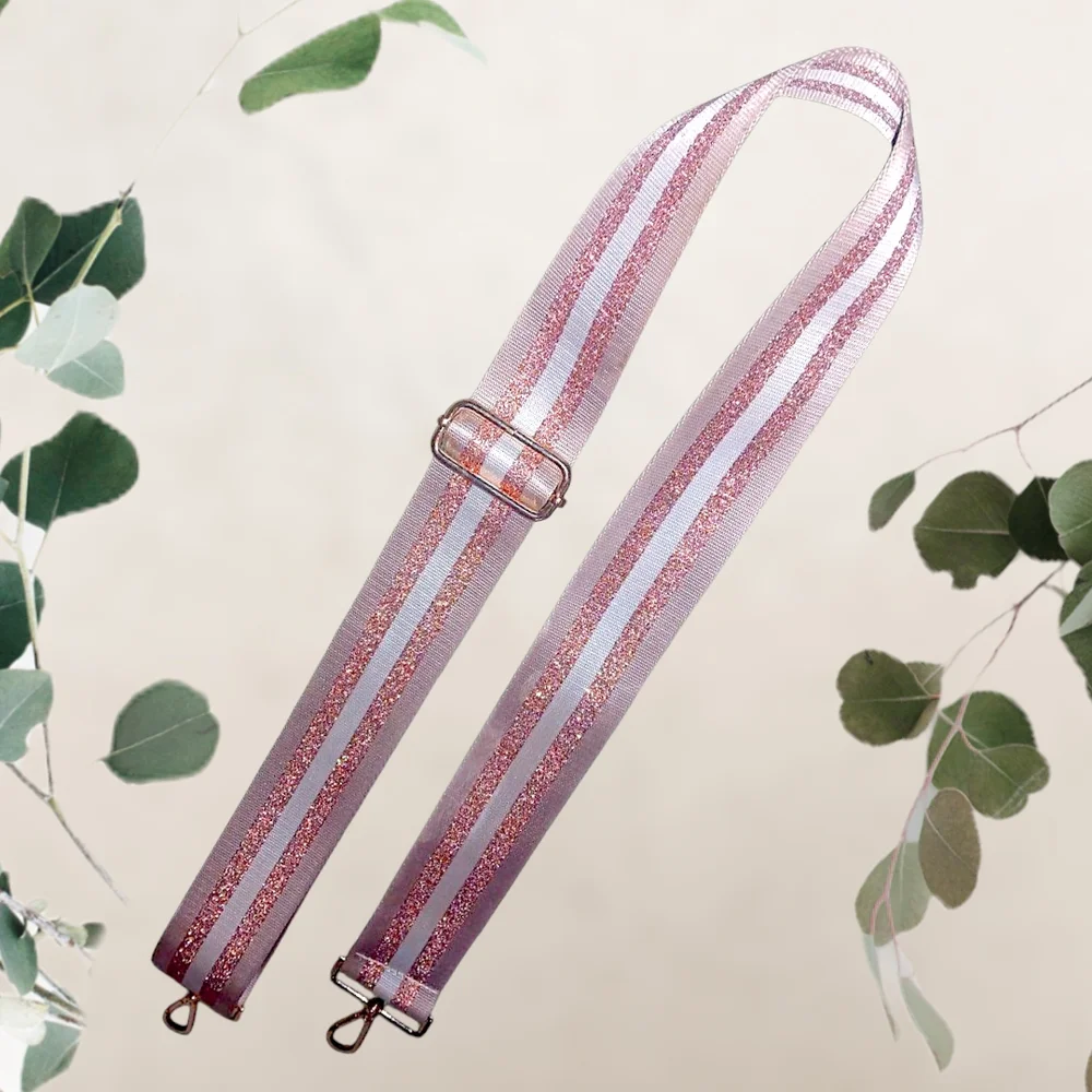 Kedzie Pink + White Glitter Striped Adjustable Womens Bag Strap W/ Gold Hardware - Picture 1 of 5